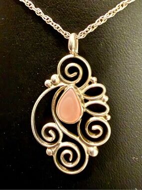 Sterling Silver Swirl Pendant Necklace with Pink Teardrop Stone